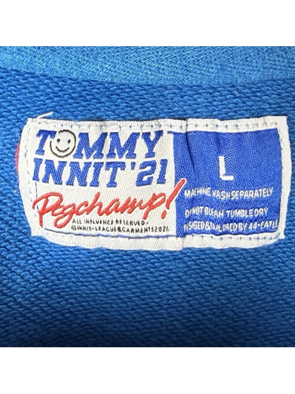 TommyInnit 21 Pogchamp Sweatshirt Size Large Blue Fuzzy Logo Minecraft Youtuber - Picture 6 of 6